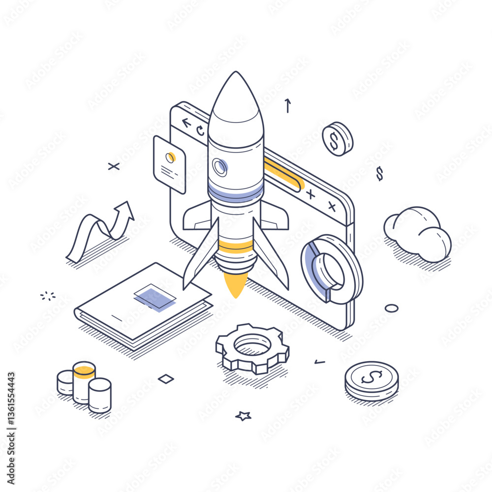 Poster dynamic business startup environment, featuring a rocket launching from a digital device. modern iso