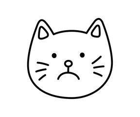 Cute doodle sad cat face icon. Sad upset cat. Kitty kawaii emoji. Hand drawn animal emoticon. Expression kitty head. Bad mood. Vector illustration isolated on white background.