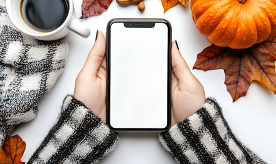 Young woman's hands holding a mobile phone or tablet with a blank screen, showcasing digital technology for business communication