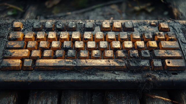 A weathered and damaged keyboard sits in a decaying environment