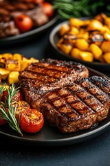 Delicious BBQ ready meals with grilled steak, tomatoes, and vegetables served on black plates. National Barbecue Month