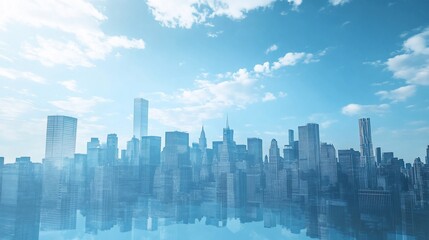 Fototapeta premium Cityscape reflection with blue hues and soft clouds creating a serene urban scene
