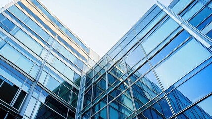 Obraz premium Close-Up of Glass Facades on Modern Office Buildings, Angle Showcasing Intricate Details and Reflections in Clear Blue Sky, Clean Lines, Contemporary Architecture