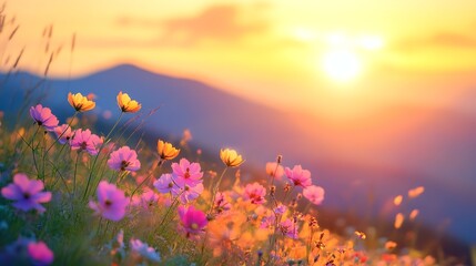 Fototapeta premium Sunset over wildflowers on mountainside; nature scene; vibrant colors; perfect for backgrounds, wallpapers, or nature photography