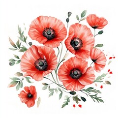 Watercolor Red Poppy Flowers Illustration By Generated AI