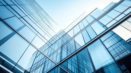  Close-Up of Glass Facades on Modern Office Buildings, Angle Showcasing Intricate Details and Reflections in Clear Blue Sky, Clean Lines, Contemporary Architecture