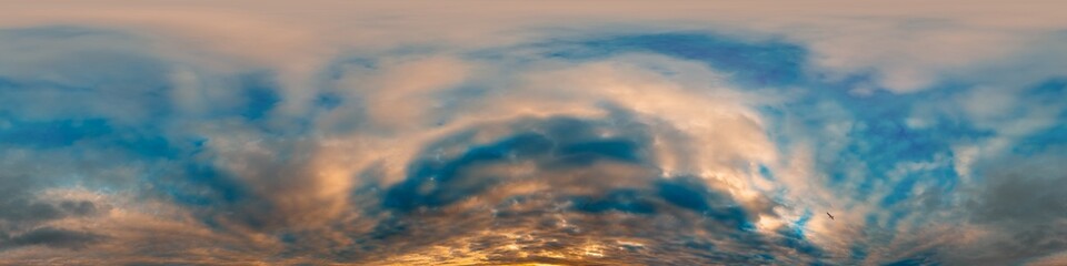 Sunset sky with bright glowing pink Cumulus clouds. Seamless spherical HDR 360 panorama. Full zenith or sky dome in 3D, sky replacement for aerial drone panoramas. Climate and weather change.