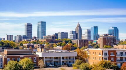 Fototapeta premium Panoramic downtown Suitland Alabama skyline view, urban architecture foreground, blue sky, trees left, central architectural building, cityscape with skyscrapers background
