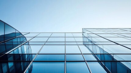 Obraz premium Close-Up of Glass Facades on Modern Office Buildings, Angle Showcasing Intricate Details and Reflections in Clear Blue Sky, Clean Lines, Contemporary Architecture