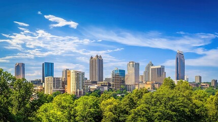 Obraz premium Panoramic downtown Suitland Alabama skyline view, urban architecture foreground, blue sky, trees left, central architectural building, cityscape with skyscrapers background