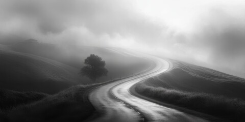 The Misty Road: A winding road leads through a foggy, atmospheric landscape. The monochromatic scene evokes a sense of solitude, mystery, and the unknown.