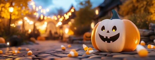 Obraz premium background halloween A cheerful Halloween pumpkin lit with orange lights, adding a festive touch to a cozy autumn evening scene.