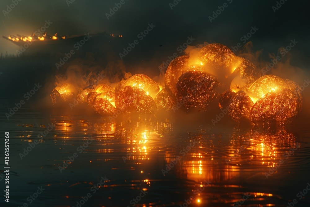Poster a surreal scene featuring glowing orbs floating on water, emitting light and surrounded by mist, wit