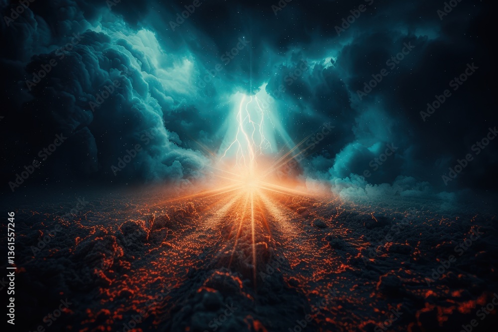 Poster a dramatic scene depicting a powerful burst of light emerging from dark storm clouds, creating an in