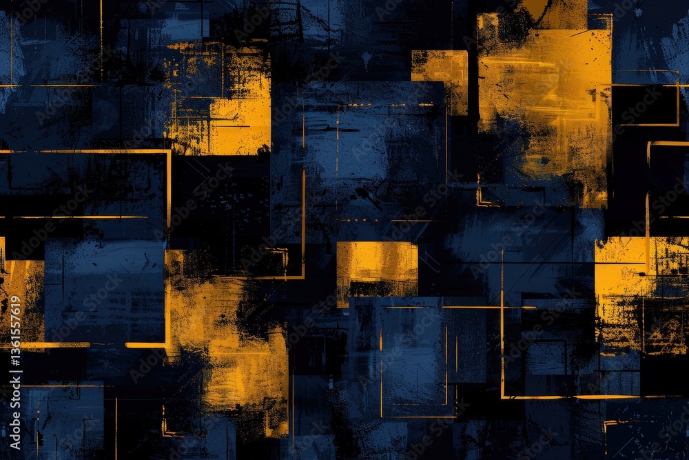 Poster an abstract composition featuring dark blue and golden yellow geometric shapes, creating a dynamic a