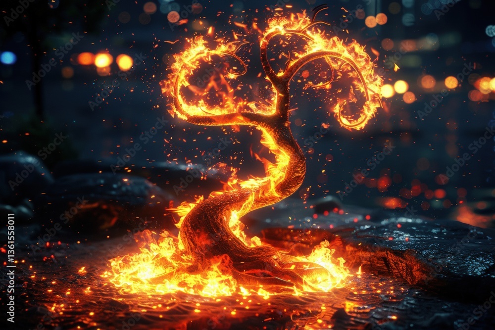 Poster a fiery tree with swirling flames and sparks, set against a dark background, creating a captivating 