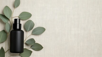 Black cosmetic bottle placed on a textured linen background with green eucalyptus leaves nearby