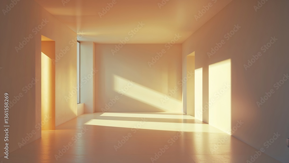 Poster sunlight streaming through empty room with minimalistic design highlighting clean lines and soft sha