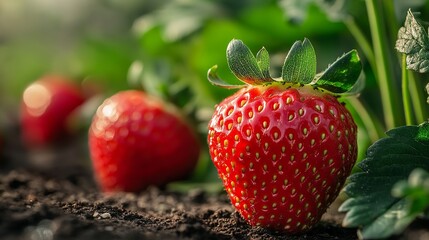 Fresh garden sweet strawberry with vibrant red color and green leaves, organic fruit full of natural sweetness