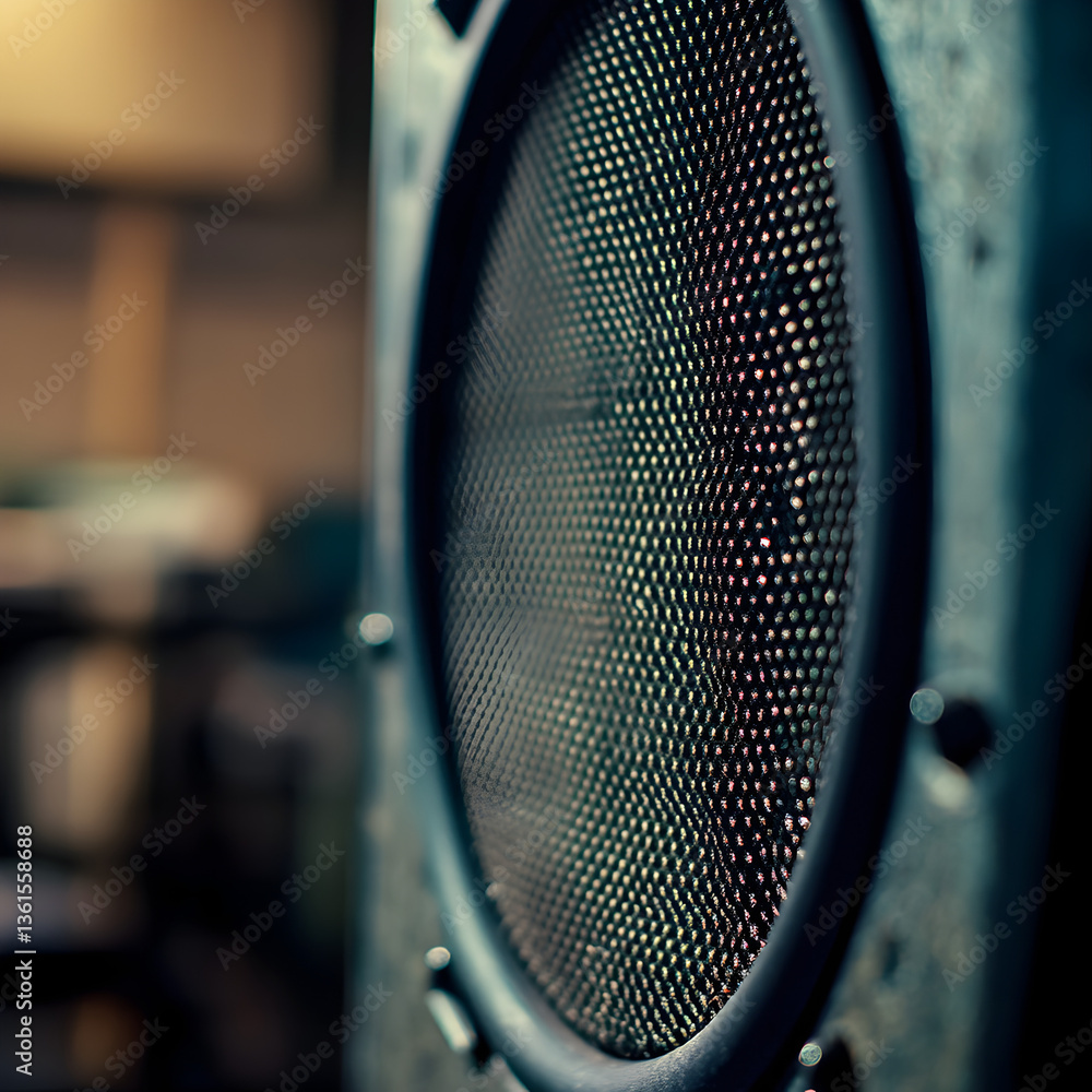 Poster amplifying sound waves close-up of speaker in urban studio environment captured atmosphere and vibra