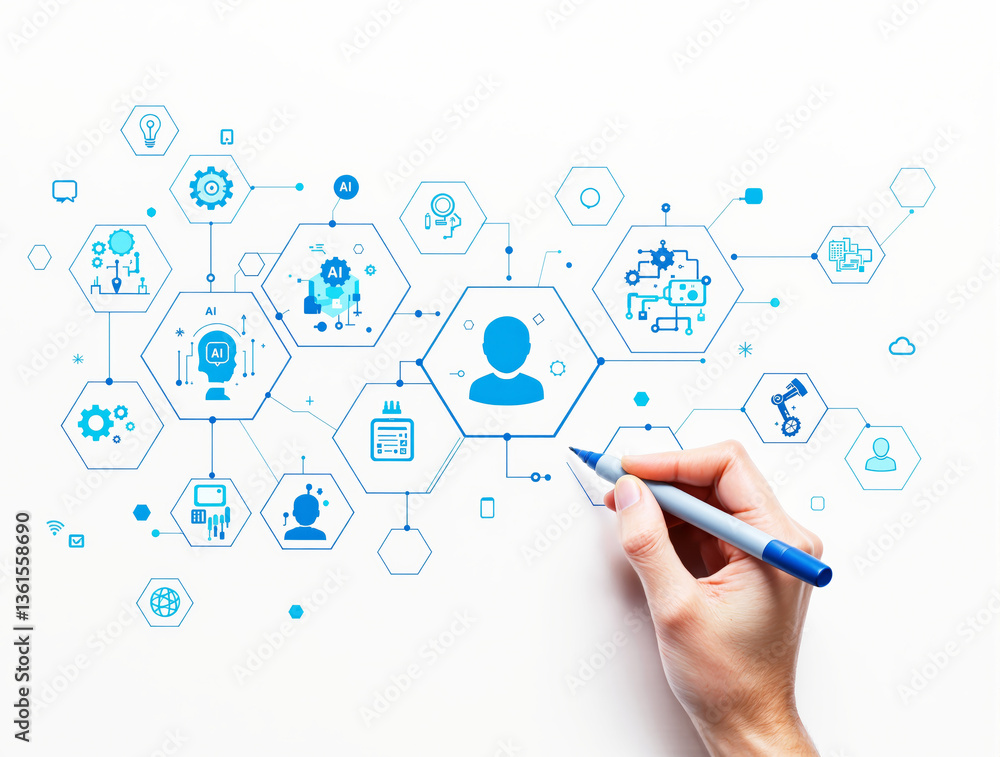 Poster hand drawing futuristic ai technology network with hexagonal icons on a white background. concept of