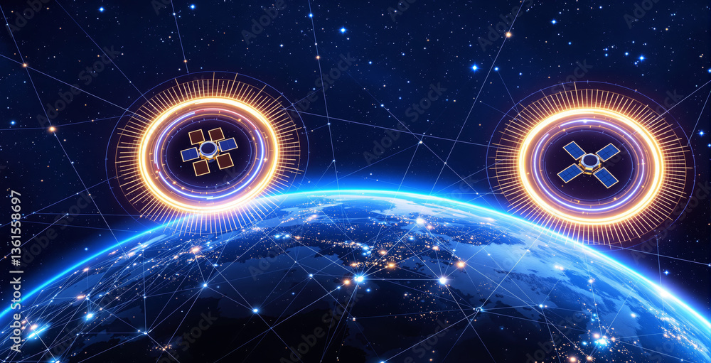 Poster futuristic satellites orbiting earth with glowing digital connections, displaying a high-tech commun