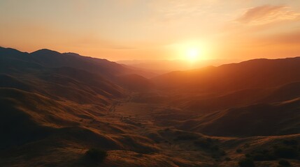 Mountain valley at sunrise, aerial view, serene landscape, possible use in travel brochure