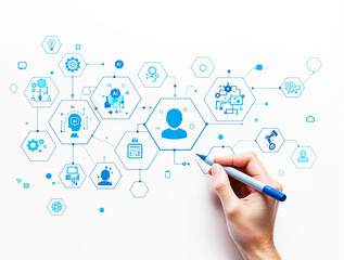 Hand drawing futuristic AI technology network with hexagonal icons on a white background. Concept of artificial intelligence, automation, and innovation. Ai generative