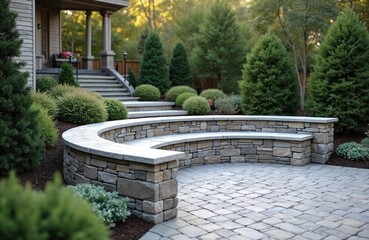 Beautiful landscaped patio seating area. Tumbled paver driveway, seat wall with pillars, natural stone coping. Front yard garden with plants, house in background. Summer scene for relaxation, outdoor