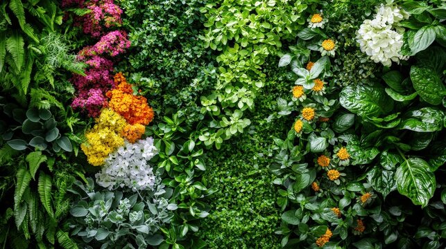 A vibrant vertical garden wall showcasing an array of colorful flowers and aromatic herbs, meticulously arranged for optimal visual appeal. The lush greenery complements the vivid blooms, creating a