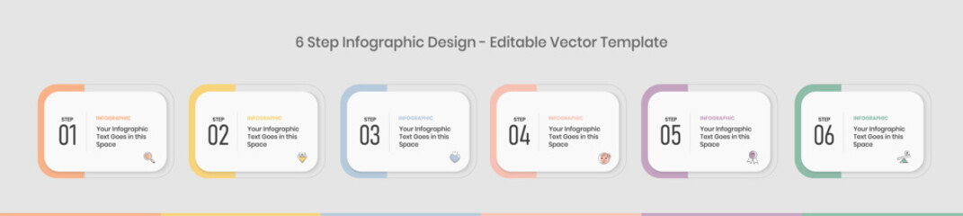 6 Steps Infographics Design editable Template, Graph, Pie chart, workflow layout, horizontal rectangular box diagram, report, business presentation graphic elements, step by step process diagram