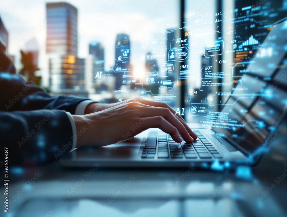 Poster business professional using a laptop with futuristic ai-driven chat interface and data visualization