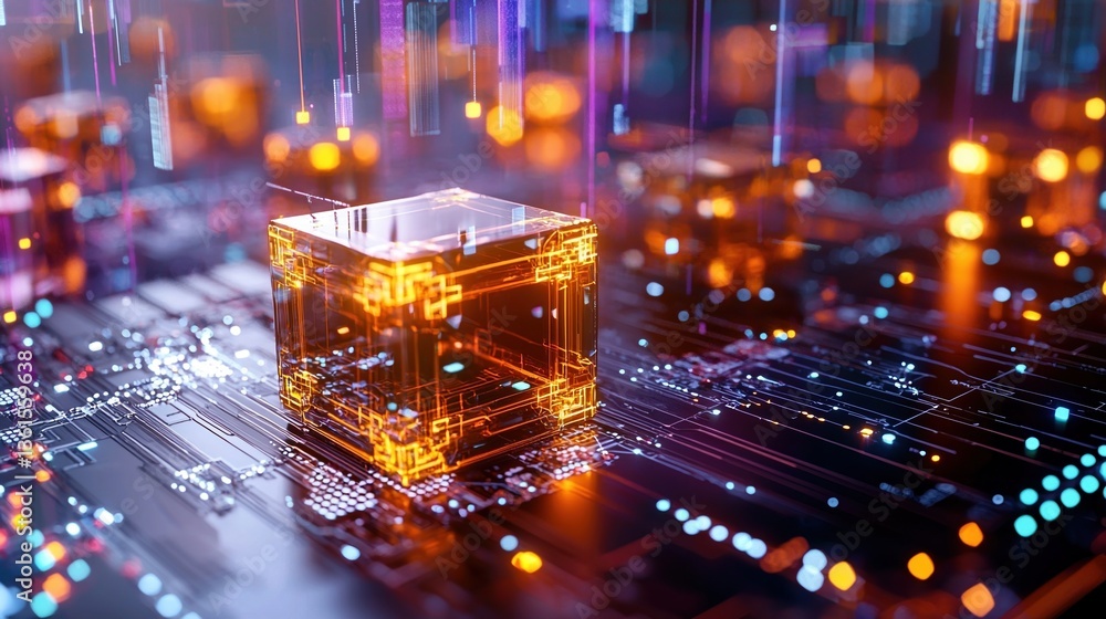 Poster digital cube: a stunning representation of advanced technology, featuring a glowing digital cube int