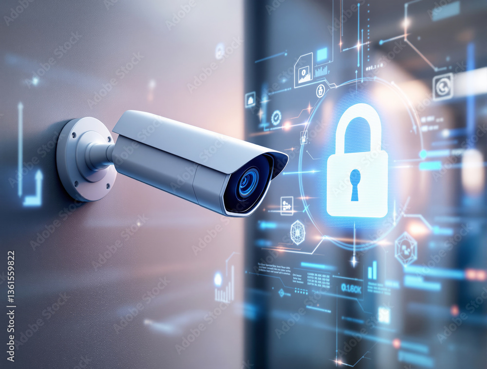 Poster security camera mounted on wall with digital interface featuring a glowing padlock and data symbols,
