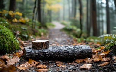 Obraz premium Wooden bowl on a fallen log in a misty forest