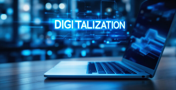 Laptop and smartphone on wooden desk with glowing digitalization text and tech interface. Blurred background with blue futuristic elements. Ai generative