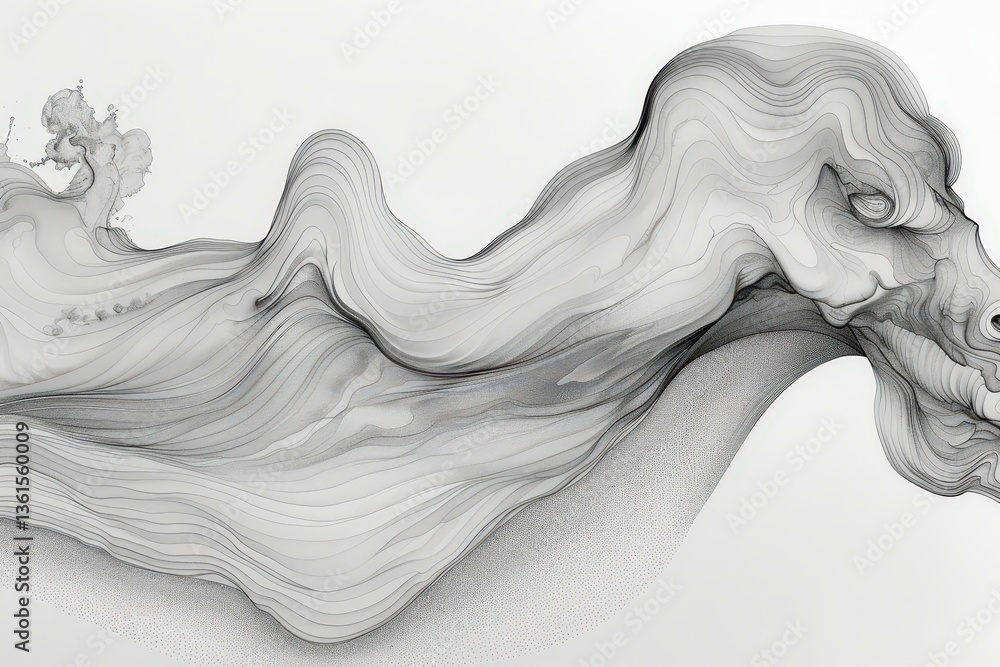 Poster an abstract monochrome artwork featuring flowing lines that create an ethereal, human-like form, evo