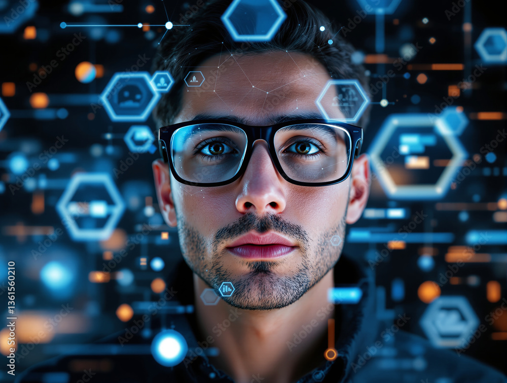 Poster man wearing glasses with futuristic digital interface, glowing hexagons and data elements on dark ba