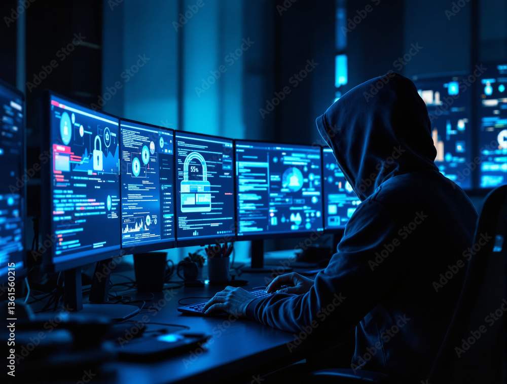 Poster hacker in hoodie working on multiple monitors with cyber data, blue-lit tech background, cybercrime 