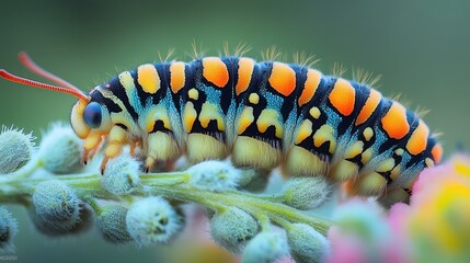 Naklejka premium A colorful caterpillar is resting on the plant stems and blossoms