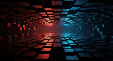 Futuristic tunnel of layered cubes.