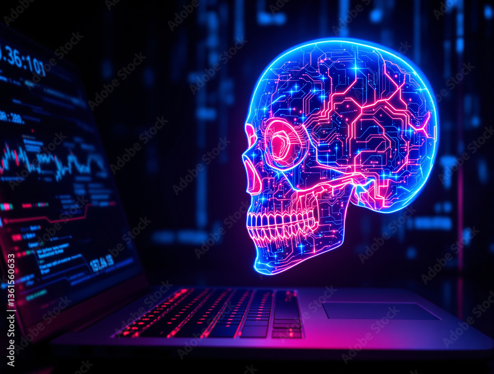 Poster glowing neon cyber skull with circuit patterns emerging from a laptop, symbolizing cyber threats and
