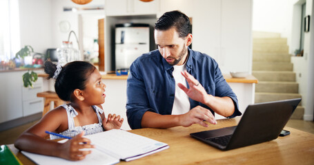 Remote work, girl and father with help, busy and distracted for deadline, education and homework....