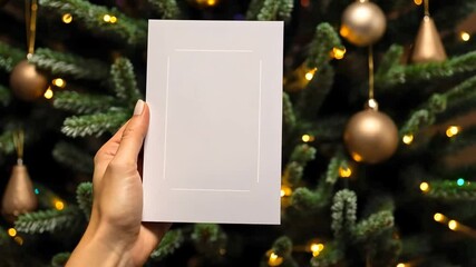 Hand holding empty greeting card on background of stylish decorated christmas tree with golden lights. Christmas card mock up. Space for text. Season greetings template