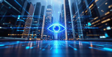 Glowing digital eye with circuit lines in a futuristic cityscape background, symbolizing artificial intelligence, surveillance, and cybersecurity. Ai generative