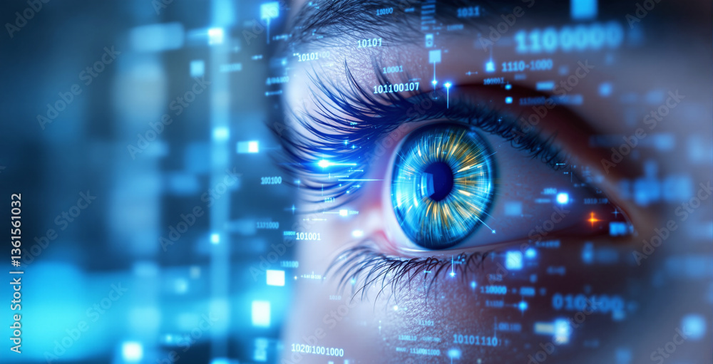 Poster close-up of a human eye with glowing digital elements and binary code on a blurred blue futuristic b