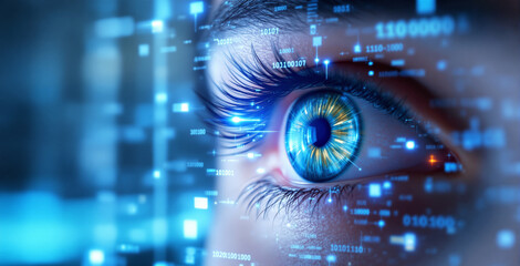 Close-up of a human eye with glowing digital elements and binary code on a blurred blue futuristic background, symbolizing technology and innovation. Ai generative
