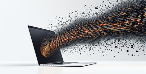 Laptop emits dynamic flow of binary code and digital symbols on light background, symbolizing data transfer, cybersecurity, and tech innovation. Ai generative