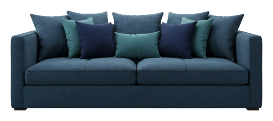 Modern blue sofa cushions soft light calming ambiance transparent background. AI Generated