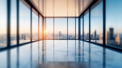 Fototapeta premium Blurred Empty Modern Office Interior with Panoramic Windows and City View, No People, High-Resolution Detailed Photography, Professional Color Grading, Soft Shadows, Clean Sharp Focus